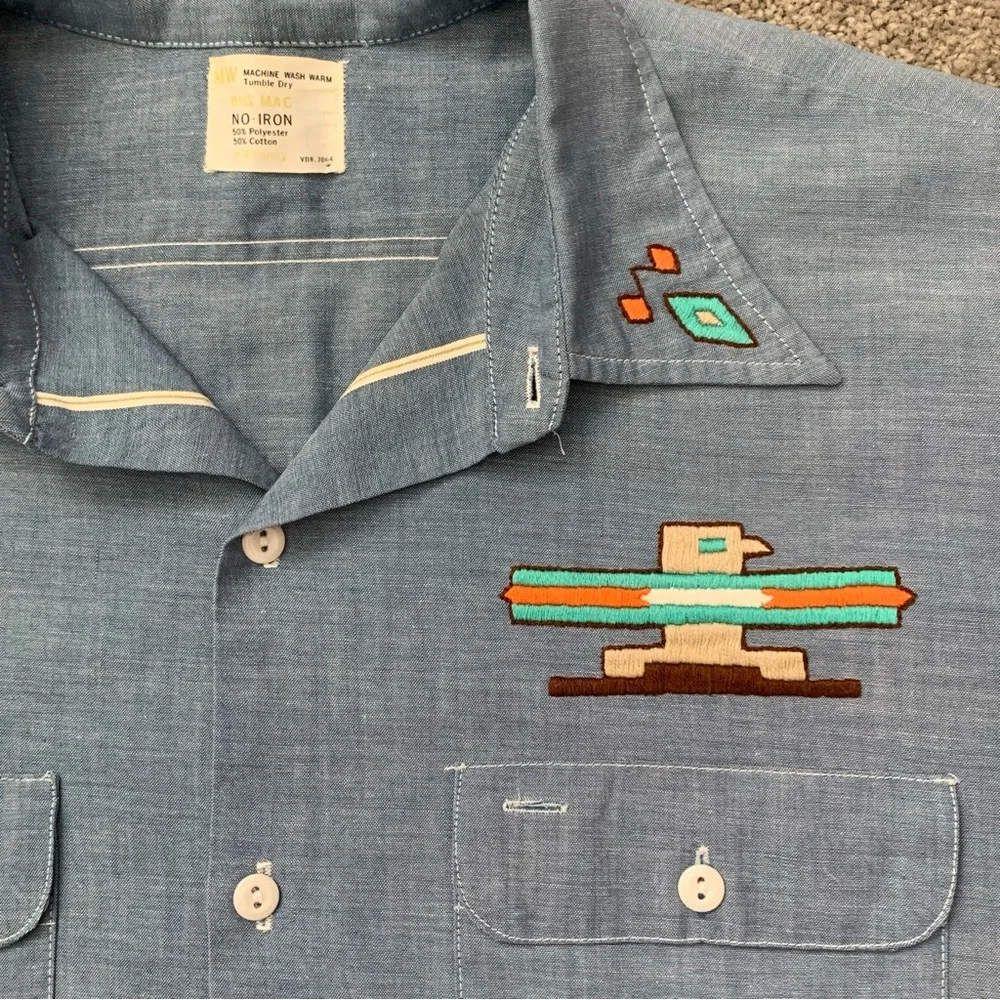 1970s Men's Blue South Western Native Embroidered Chambray Shirt - Picture 1 of 8